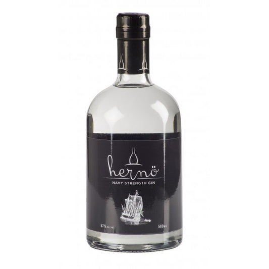 Bottle of Paramount Herno Gin Navy Strength, 500ml, with navy blue label and clear glass showcasing the premium navy strength gin.