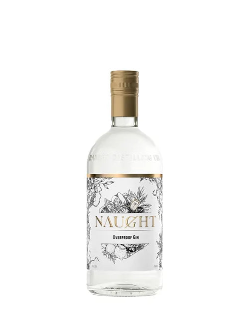 Bottle of Paramount Naught Overproof Navy Strength Gin 700ml with label and dark glass bottle on a plain background