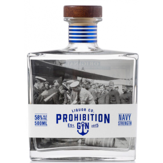 Bottle of Paramount Prohibition Liquor Co. Navy Strength Gin 500mL with label and dark glass bottle.