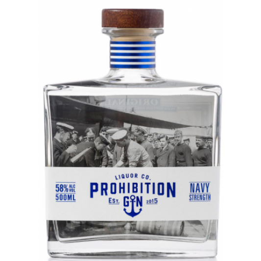 Bottle of Paramount Prohibition Liquor Co. Navy Strength Gin 500mL with label and dark glass bottle.