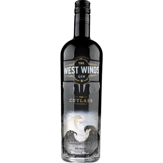 Paramount Navy Strength Gin bottle labeled The West Winds Gin Cutlass 700mL with navy-themed design on clear glass.