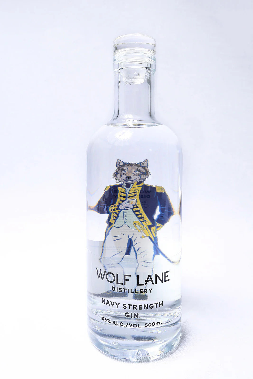 Bottle of Wolf Lane Australian Distillery Navy Strength Gin by Paramount in a 500mL bottle with a label featuring navy-themed design.