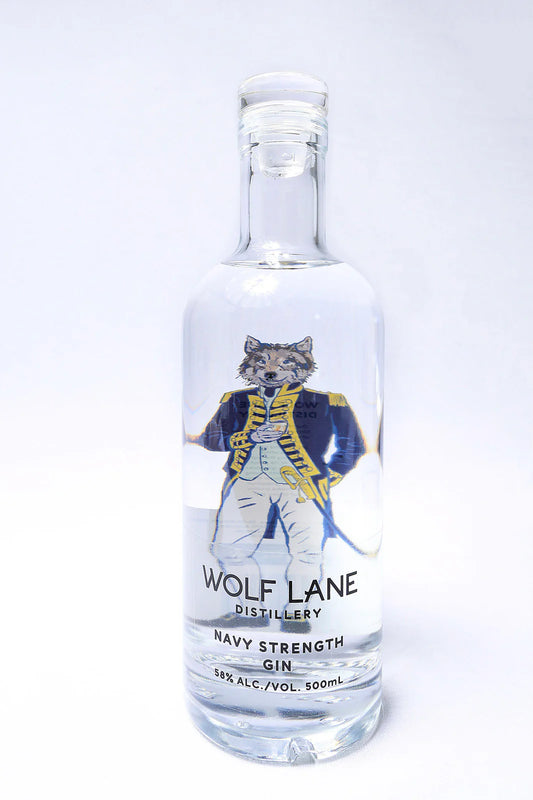 Bottle of Wolf Lane Australian Distillery Navy Strength Gin by Paramount in a 500mL bottle with a label featuring navy-themed design.