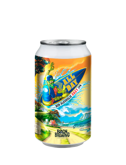 Paramount Bach Brewing All Day Hazy Non-Alcoholic IPA 330ml pack of 24 bottles, featuring cloudy, golden non-alcoholic beer