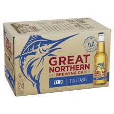Paramount Great Northern Zero non-alcoholic beer bottles, 330mL each, 24-pack, chilled beverage with clear label and golden color