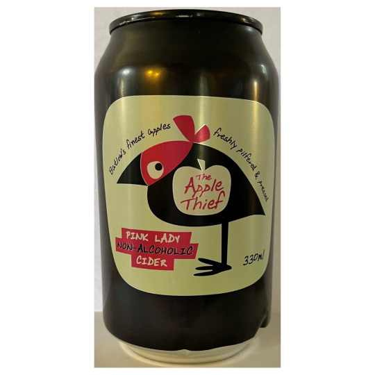 Pack of 24 Paramount Apple Thief Pink Lady non-alcoholic cider cans, 330ml each, featuring bright pink and apple imagery.