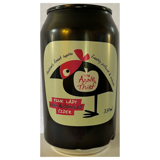 Pack of 24 Paramount Apple Thief Pink Lady non-alcoholic cider cans, 330ml each, featuring bright pink and apple imagery.