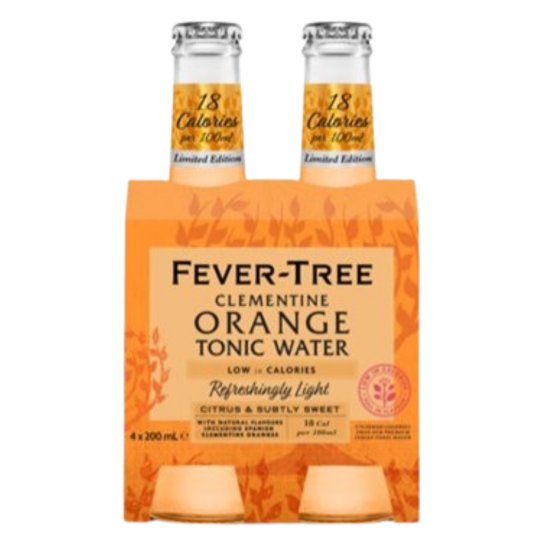 Paramount Fever Tree Clementine Orange Tonic bottles, non-alcoholic, 200ml each, in pack of 24, with vibrant orange and citrus labels.