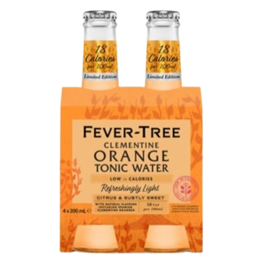 Paramount Fever Tree Clementine Orange Tonic bottles, non-alcoholic, 200ml each, in pack of 24, with vibrant orange and citrus labels.
