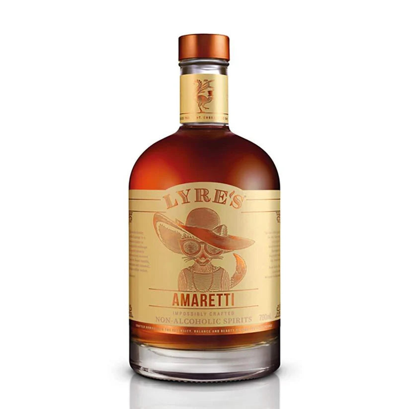 Paramount Lyre's Amaretti non-alcoholic liqueur bottle, 700ml, with a label featuring Amaretti flavor and elegant packaging.
