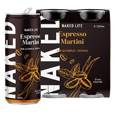 Pack of 24 Naked Life non-alcoholic Espresso Martini cocktails by Paramount, featuring sleek bottles with dark coffee-colored liquid.
