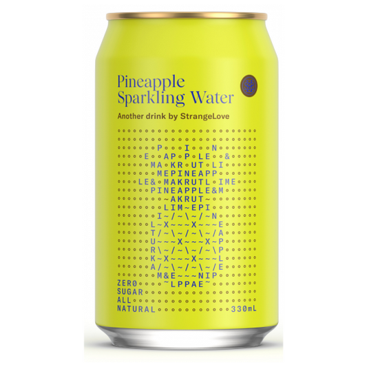 24-pack of Paramount Strangelove Pineapple Sparkling Water 330ml bottles, non-alcoholic, refreshing pineapple-flavored sparkling water.