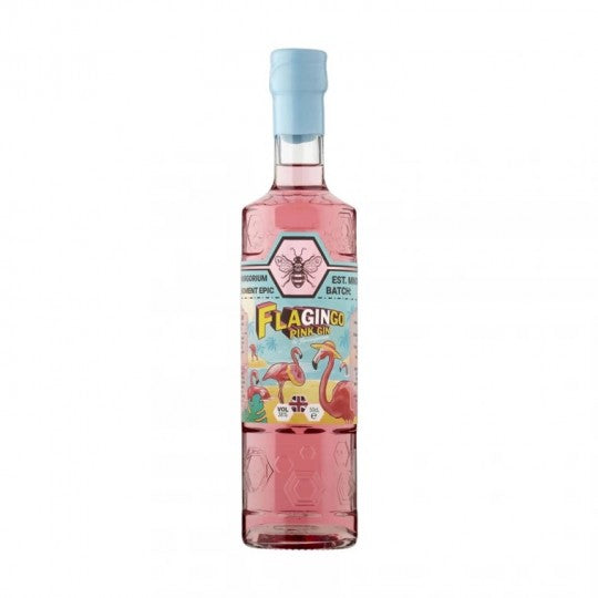 Pink gin bottle labeled Zymurgorium Flagingo Pink Gin by Paramount in 500ml size, with vibrant pink liquid and colorful label.