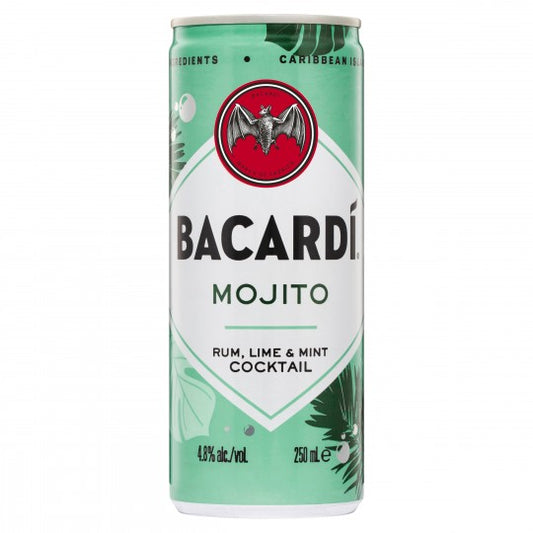 Paramount Bacardi Mojito pre-mixed cocktail bottles, 250ml each, 24-pack, ready-to-drink rum and mint beverage display