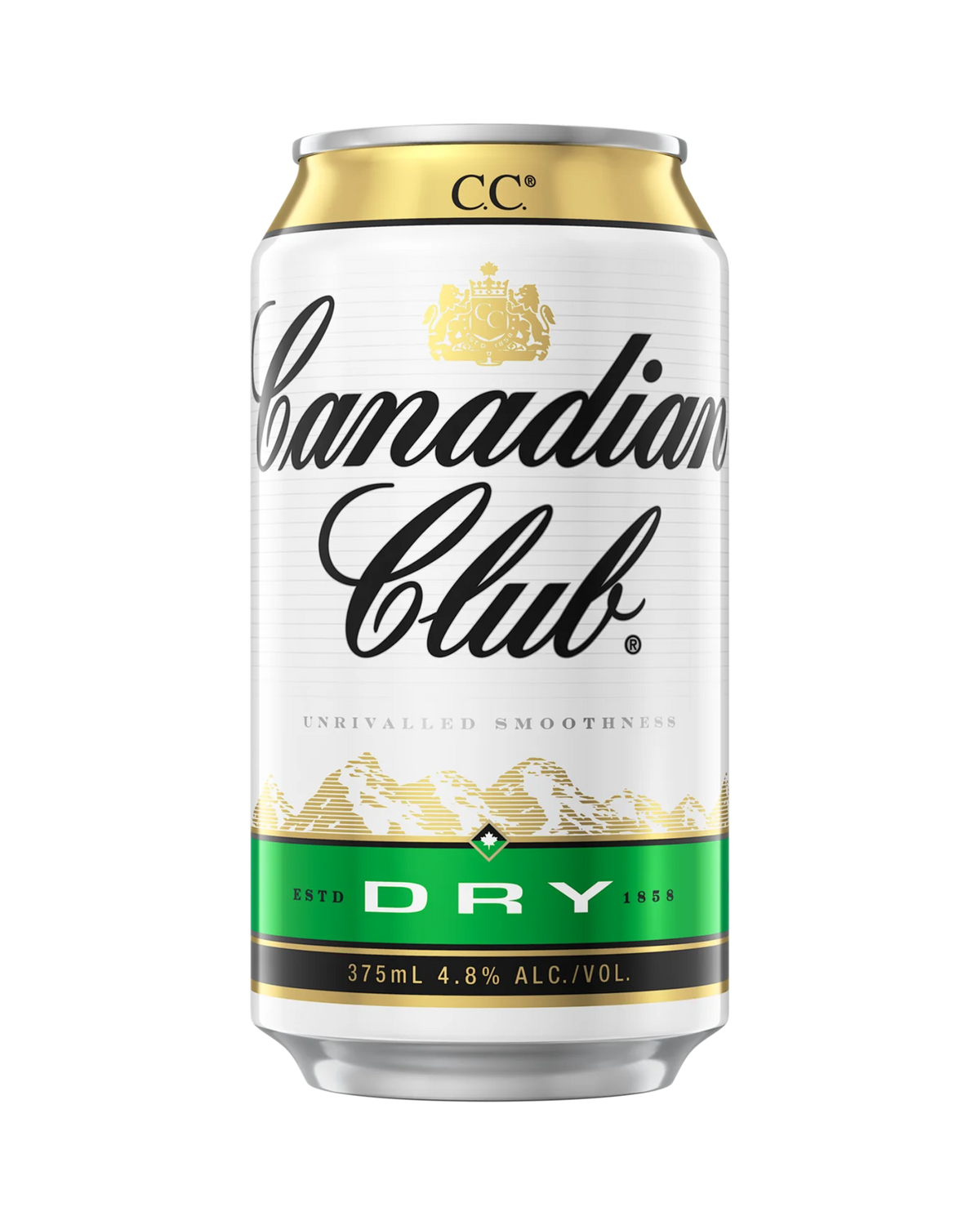 Six 375ml cans of Paramount Canadian Club Whisky & Dry pre-mixed drinks, featuring whisky and soda in a convenient pack.