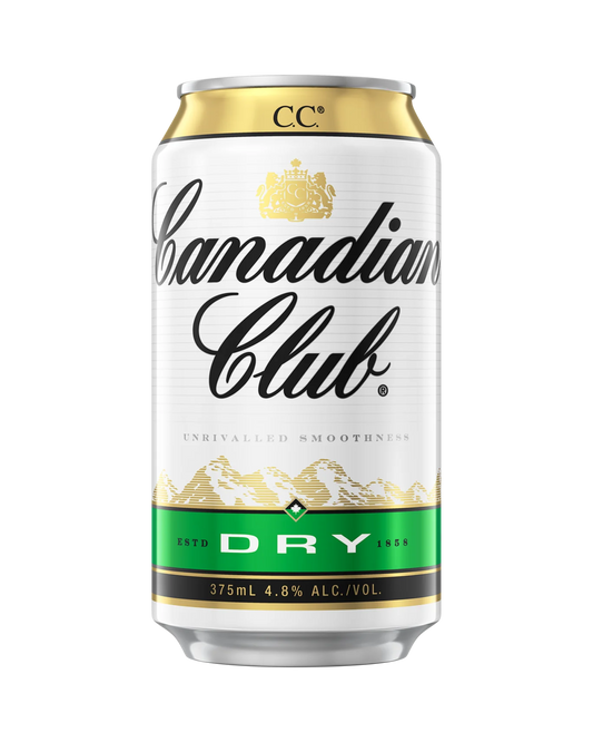 Six 375ml cans of Paramount Canadian Club Whisky & Dry pre-mixed drinks, featuring whisky and soda in a convenient pack.