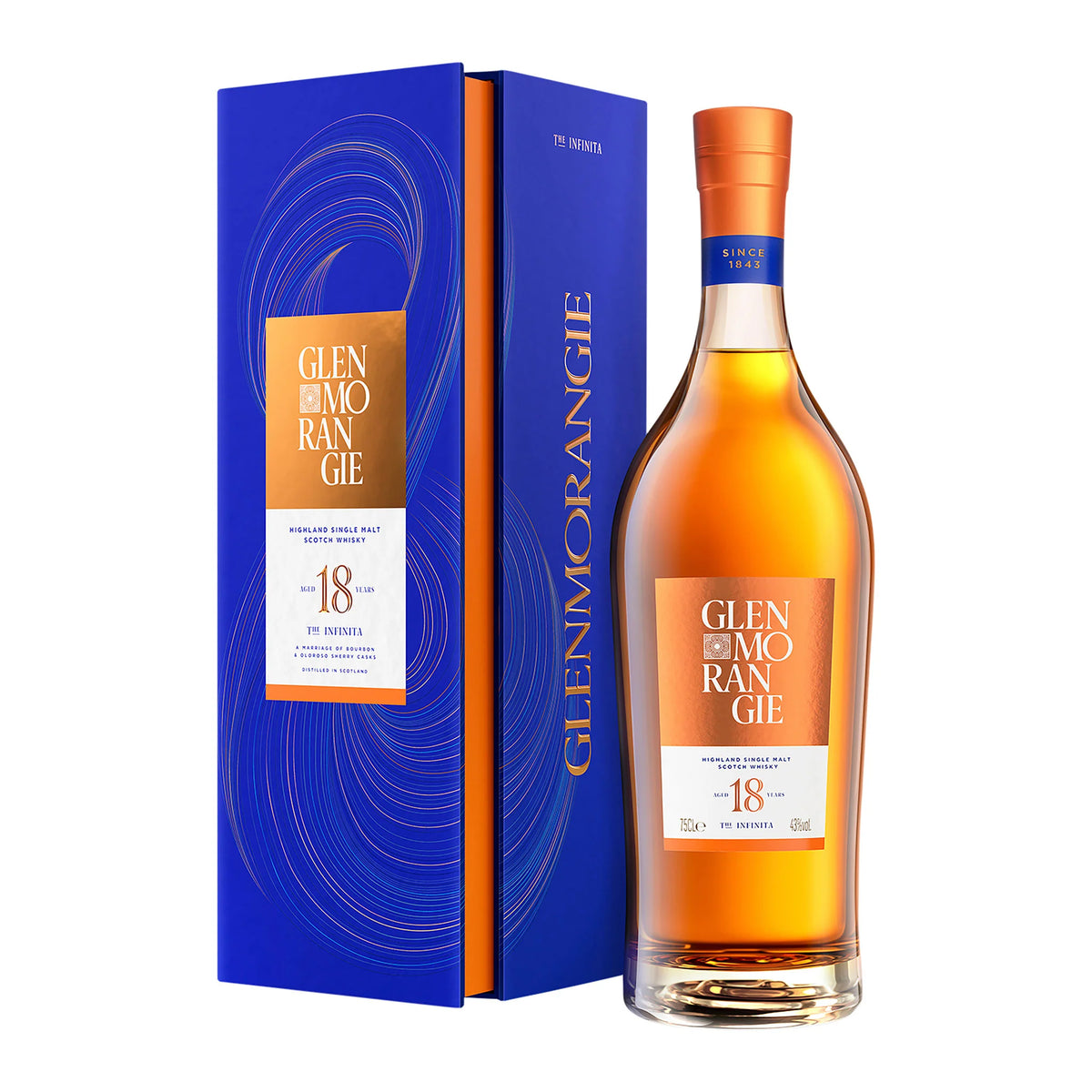 Glenmorangie 18 Year Old The Infinita premium whisky bottle by Paramount, 700ml, with elegant label and wooden box packaging