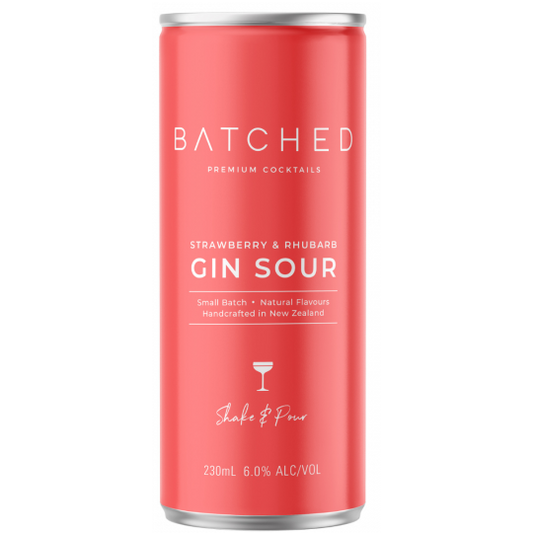 Batched Strawberry and Rhubarb Gin Sour premix by Paramount in 230ml bottles, pack of 24, ready-to-mix cocktail beverage.