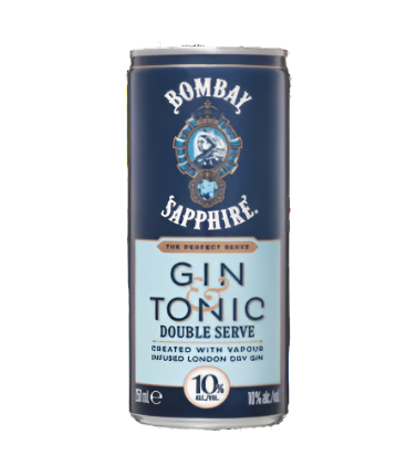 Paramount Bombay Sapphire Gin & Tonic Double Serve Premix 250ml cans, pack of 24, ready-to-drink beverage with gin and tonic flavor