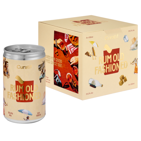 Pack of 24 Paramount Curatif Escape Series Rum Old Fashioned premix bottles, 130ml each, with vibrant label design.