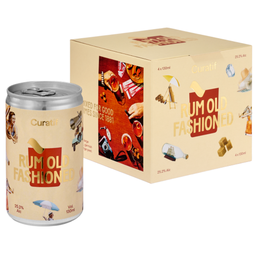 Pack of 24 Paramount Curatif Escape Series Rum Old Fashioned premix bottles, 130ml each, with vibrant label design.