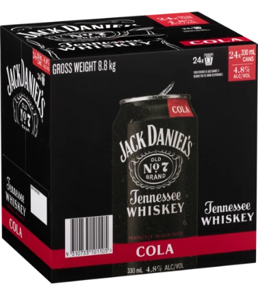 Paramount Jack Daniels Tennessee Whiskey & Cola premix cubes in 330ml pack of 24, ready to enjoy.