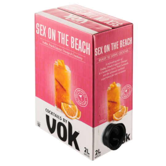 Paramount Vok Sex on the Beach 2L premix bottle with colorful label and vibrant beach-themed design.