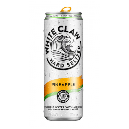 White Claw Pineapple Seltzer premix by Paramount, 330ml cans in a pack of 24, showing refreshing pineapple-flavored beverage