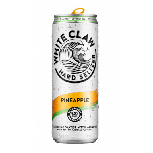 White Claw Pineapple Seltzer premix by Paramount, 330ml cans in a pack of 24, showing refreshing pineapple-flavored beverage