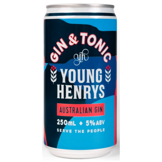 Paramount Young Henrys Gin and Tonic premix 250ml cans, pack of 24, ready-to-drink beverage in sleek metallic cans.