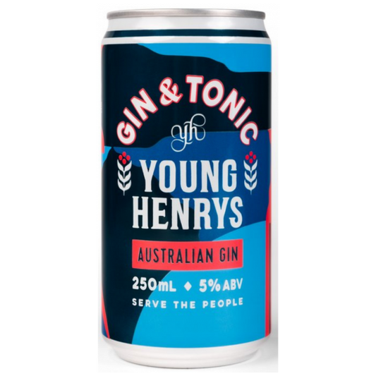 Paramount Young Henrys Gin and Tonic premix 250ml cans, pack of 24, ready-to-drink beverage in sleek metallic cans.