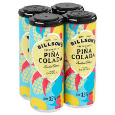 Pack of 24 Billson's Pina Colada canned cocktails by Paramount, 355ml each, in a visually appealing display.