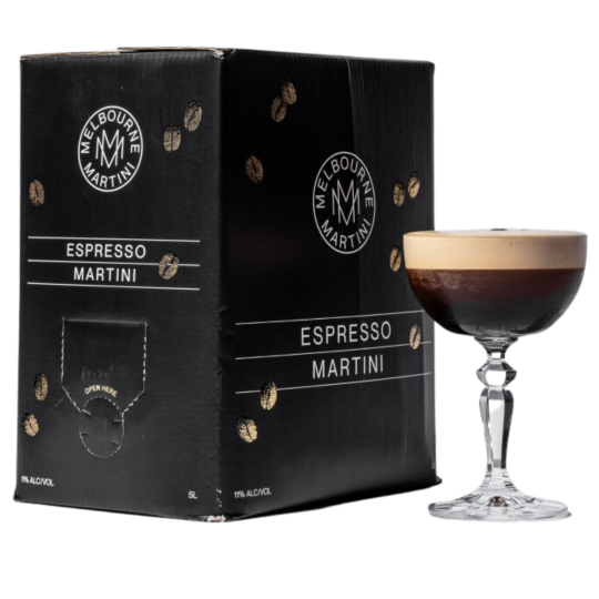 Paramount Melbourne Martini Salted Caramel Espresso Martini 5Lt premixed cocktail bottle, showing label and packaging.