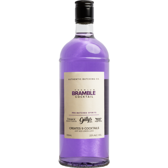 Paramount Steinbok Authentic Batching Co. Bramble 700ml premixed cocktail in a clear bottle with a dark label and cap.