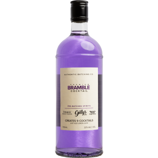 Paramount Steinbok Authentic Batching Co. Bramble 700ml premixed cocktail in a clear bottle with a dark label and cap.