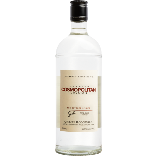 Paramount Steinbok Authentic Batching Co. Cosmopolitan premixed cocktail in 700ml bottle, with a vibrant red drink and cocktail glass.