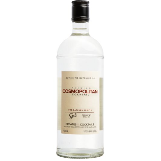 Paramount Steinbok Authentic Batching Co. Cosmopolitan premixed cocktail in 700ml bottle, with a vibrant red drink and cocktail glass.
