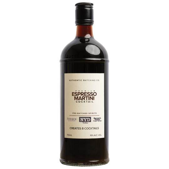 Paramount Steinbok Authentic Batching Co. Espresso Martini premixed cocktail in 700ml bottle, ready to serve.