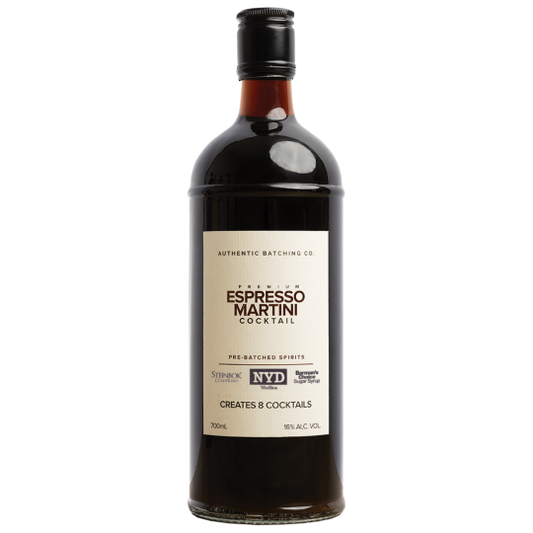 Paramount Steinbok Authentic Batching Co. Espresso Martini premixed cocktail in 700ml bottle, ready to serve.