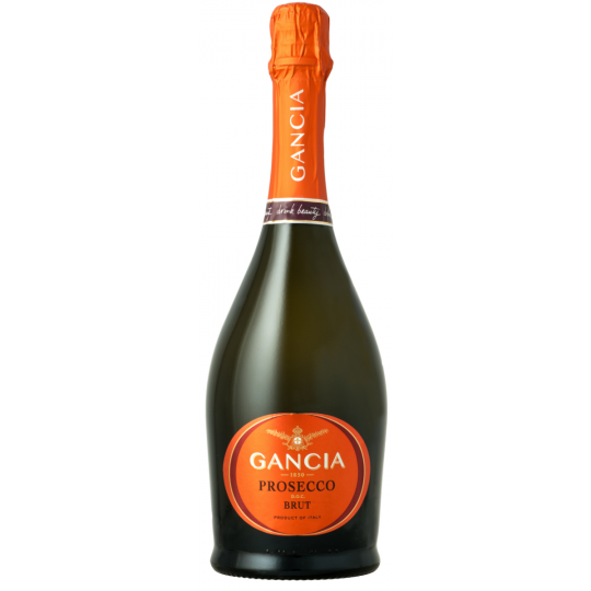 Bottle of Paramount Gancia Prosecco DOC Brut with a clear label, 750ml size, sparkling wine in a tall, elegant glass.