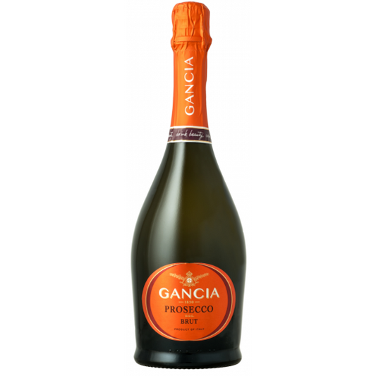 Bottle of Paramount Gancia Prosecco DOC Brut with a clear label, 750ml size, sparkling wine in a tall, elegant glass.