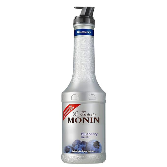 Paramount Monin Blueberry Puree 1Lt bottle with vibrant blue-purple berries and fresh puree inside, ideal for beverages and desserts.