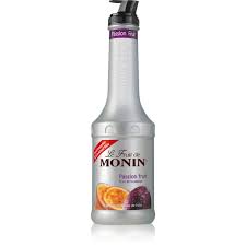 Paramount Monin Passionfruit Puree 1L bottle showing vibrant passionfruit puree inside the clear plastic container.