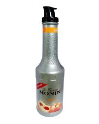 Paramount Monin Peach Puree in 1-liter bottle, smooth peach puree for beverages and desserts, natural fruit flavor, clear packaging.