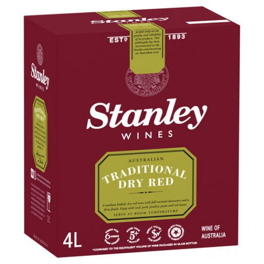 Paramount Stanley Traditional Dry Red Cask Wine in a 4L bottle, showcasing rich red wine with a dark, glossy appearance.