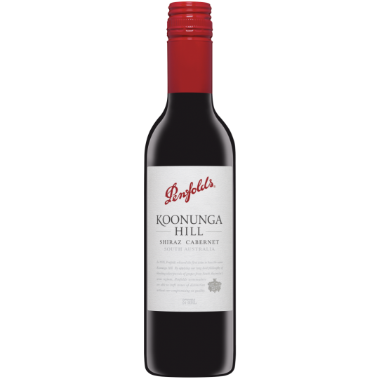 Paramount Penfolds Koonunga Shiraz Cabernet red wine bottle, 375ml, with dark glass and label featuring wine brand and product details.