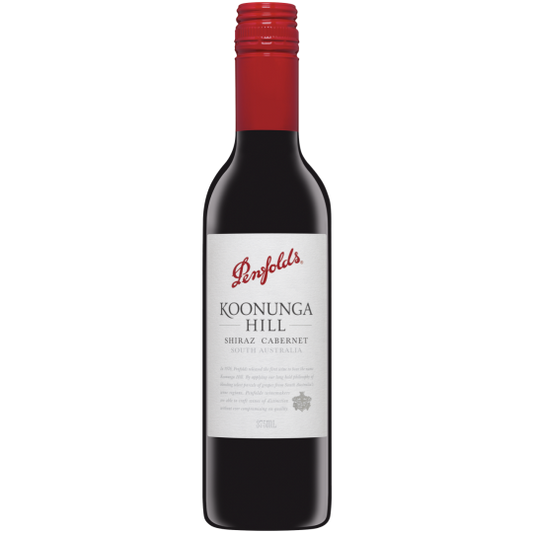 Paramount Penfolds Koonunga Shiraz Cabernet red wine bottle, 375ml, with dark glass and label featuring wine brand and product details.