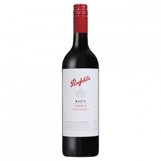 Paramount Penfolds Maxs Shiraz red wine 750ml bottle with dark red liquid and elegant label, showcased in a clear glass.