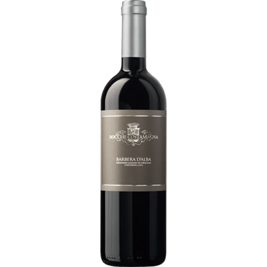 Red wine bottle of Rocche Costamagna Barbera d'Alba DOC by Paramount, 750ml, with a dark glass and elegant label.