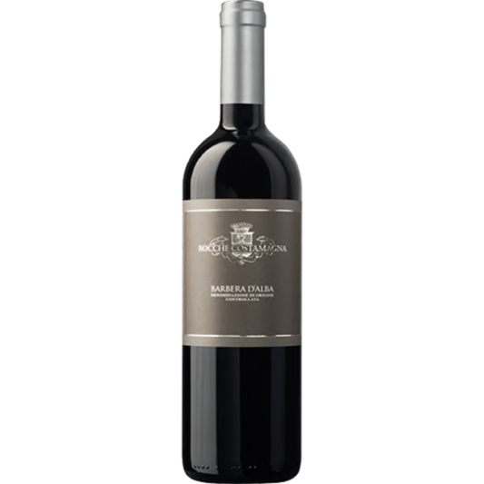 Red wine bottle of Rocche Costamagna Barbera d'Alba DOC by Paramount, 750ml, with a dark glass and elegant label.